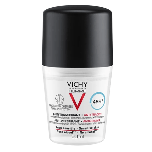 Vichy Homme Deo roll-on proti skvrnám 48H antiperspirant na citlivou pokožku 50 ml